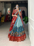 Vastranavya Kalamkari Print With Weaving Border Lehenga with Unstitched Blouse - Sky Blue