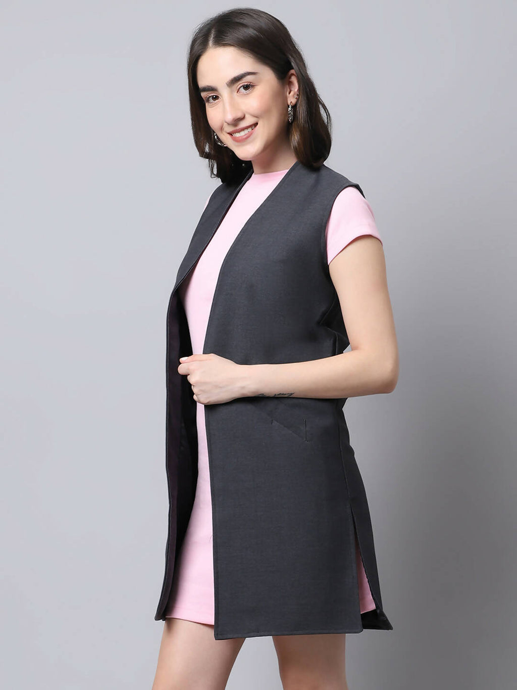Even Apparels Grey Polywool Open Front Women's Long Coat - Distacart