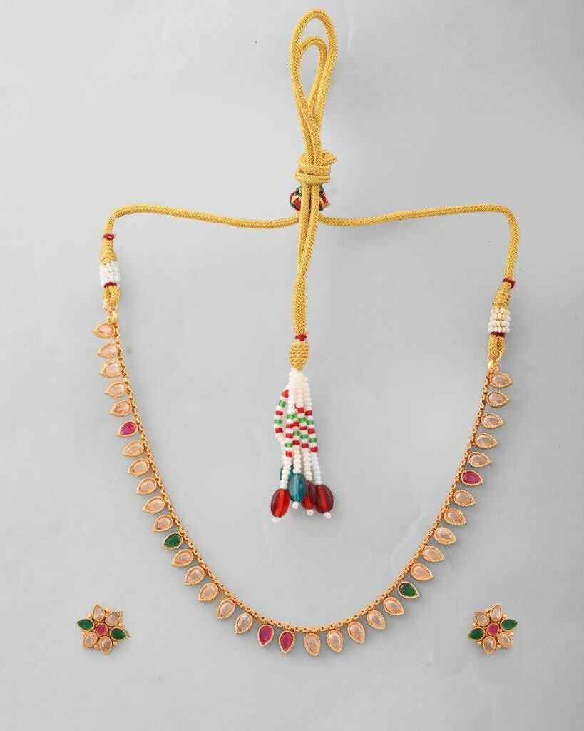 VOJ Gold Tone Stone Studded Drop Shaped Jewellery Set
