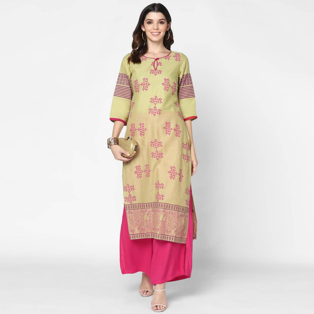 Cheera Hand Block Print Khaki & Magenta Straight Kurta With Palazzo (MAAI-079K)
