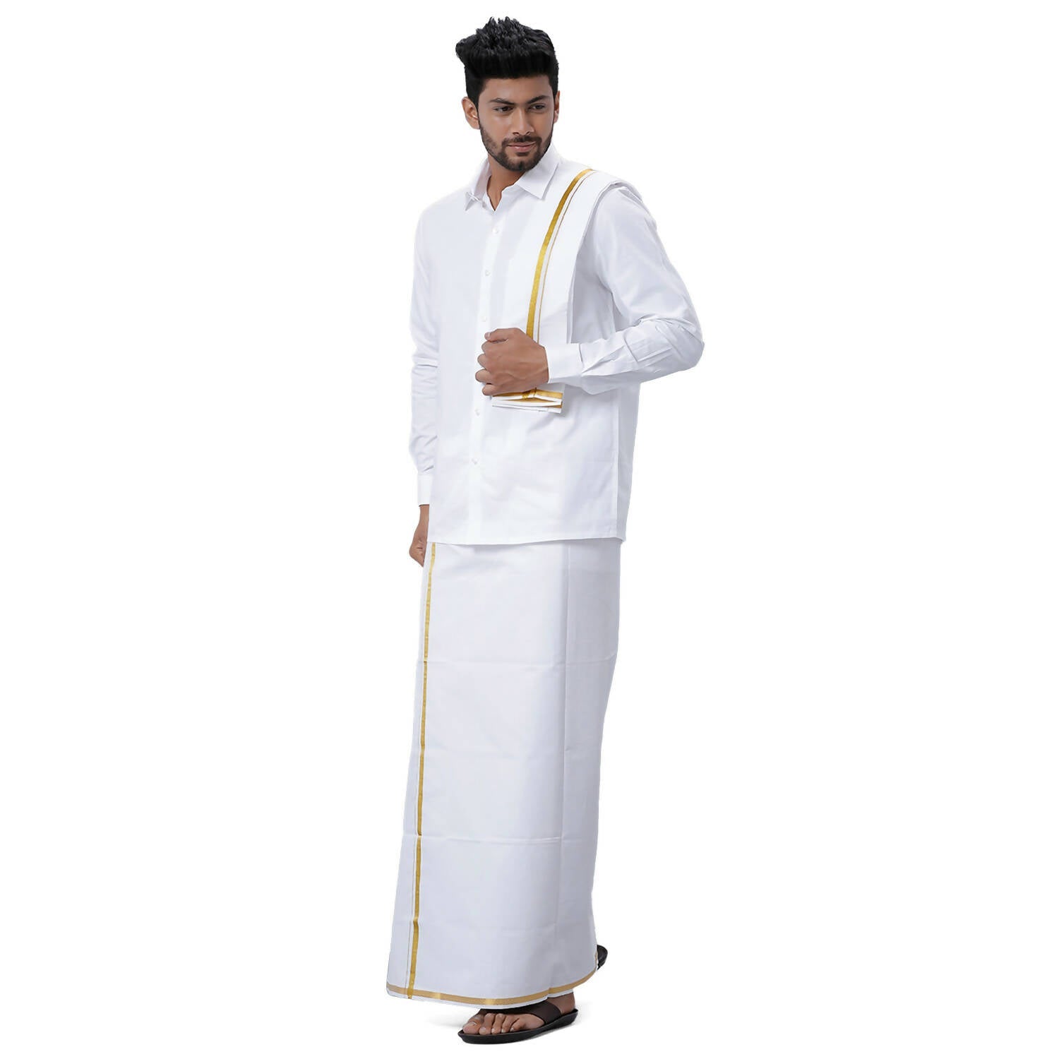 Ramraj Cotton Mens Wedding Set White Regular Dhoti, Shirt & Towel