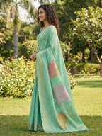 Shree Shyam Fashion Sea Green Linen Cotton Saree - Distacart