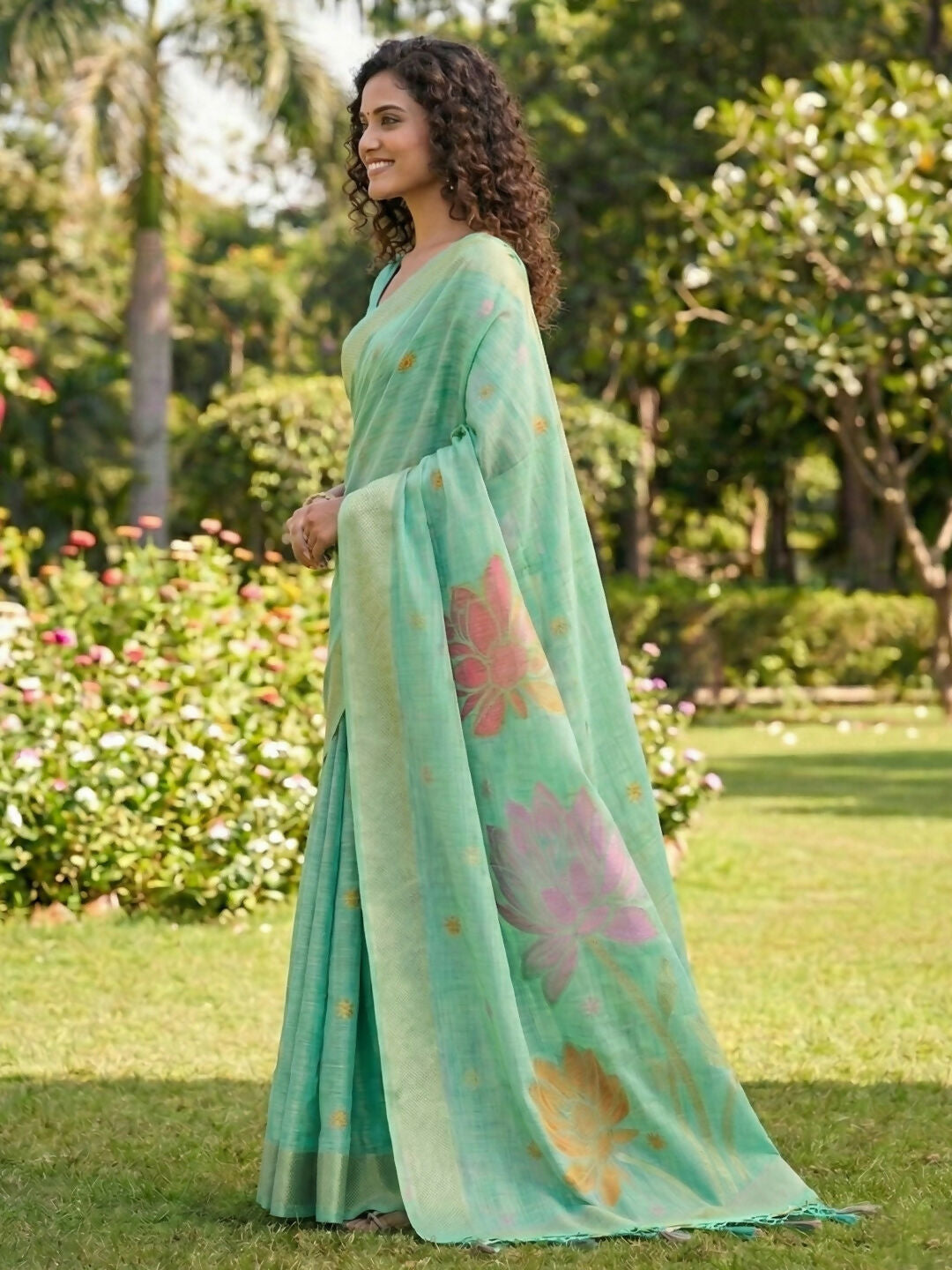 Shree Shyam Fashion Sea Green Linen Cotton Saree - Distacart