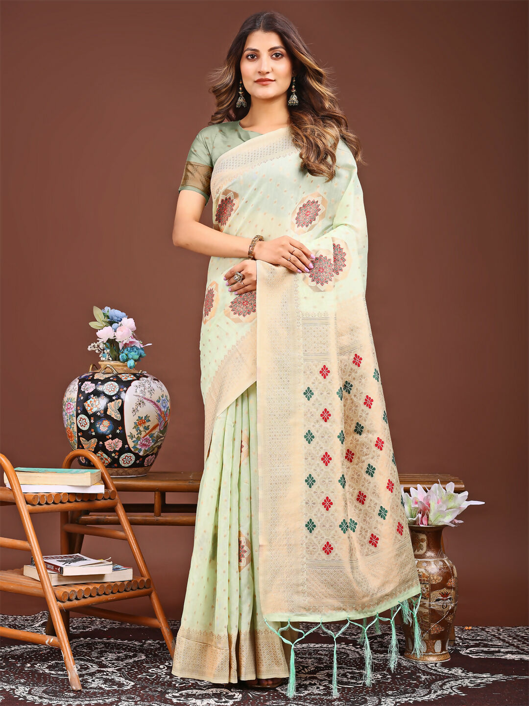 Shree Shyam Fashion Neerja Sea Green Linen Cotton Saree