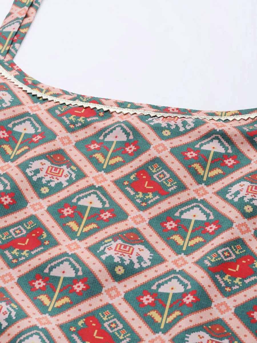 Ahalyaa Women Green & Red Ethnic Motifs Print Kurti with Sharara & Dupatta - Distacart