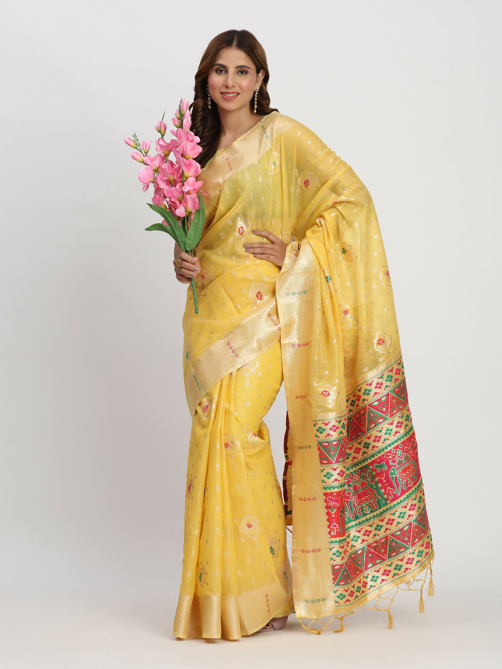 Shree Shyam Fashion Linen Cotton Yellow Saree - Distacart