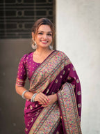 Magenta Pashmina Silk Wevon Kashmiri Meenakari Designer Saree with Unstitched Blouse - Vandini