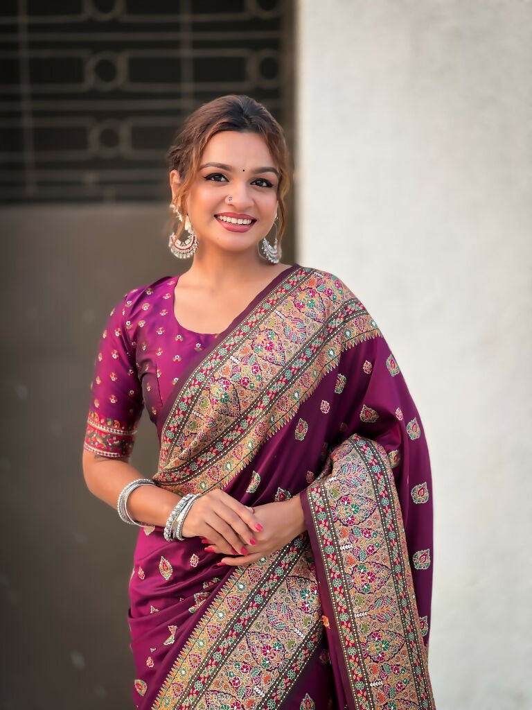 Magenta Pashmina Silk Wevon Kashmiri Meenakari Designer Saree with Unstitched Blouse - Vandini