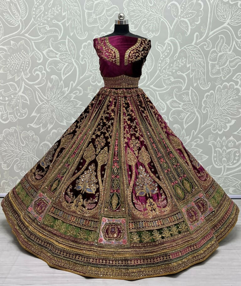Jyoti Fashion Women's Purple Velvet Fancy Patch, Multi Thread Embroidered, Zircon Diamond, Sequins Work Wedding Lehenga Choli