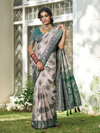 Shree Shyam Fashion Cream With Dark Green Silk Blend Saree - Distacart