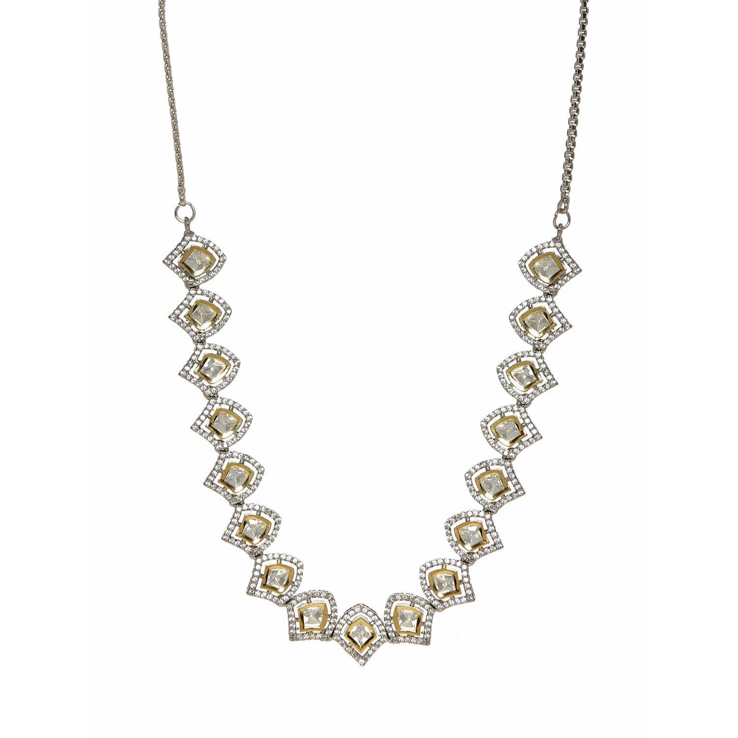Silver Kundan and American Diamond Neckpiece (Silver) - Ruby Raang