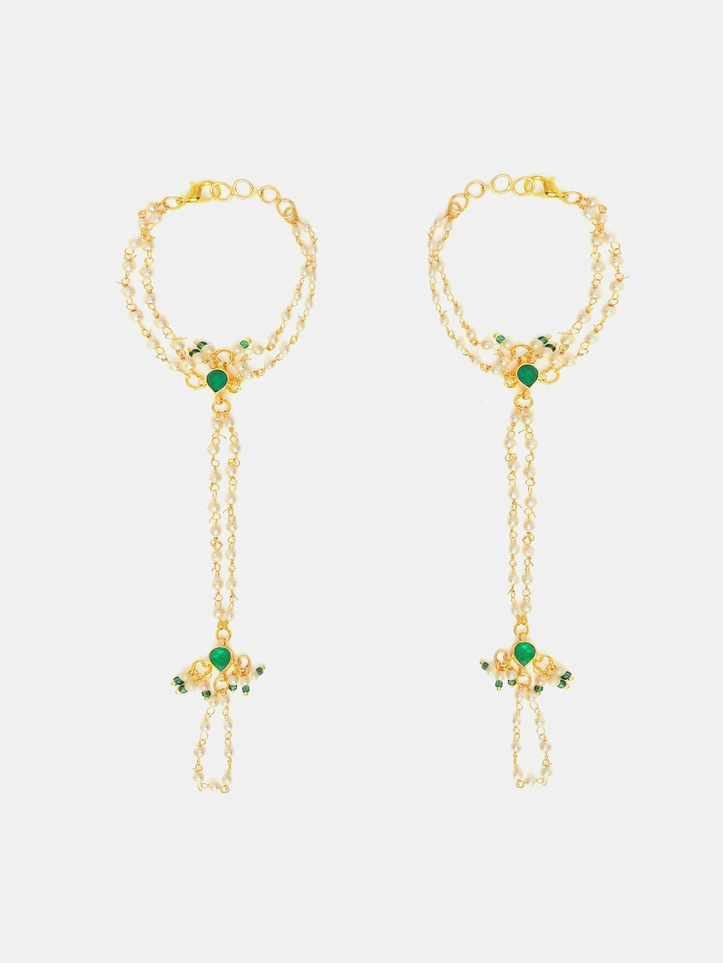 Ruby Raang Gold Hand Accessory With Green- White Kundan And Pearls - Distacart