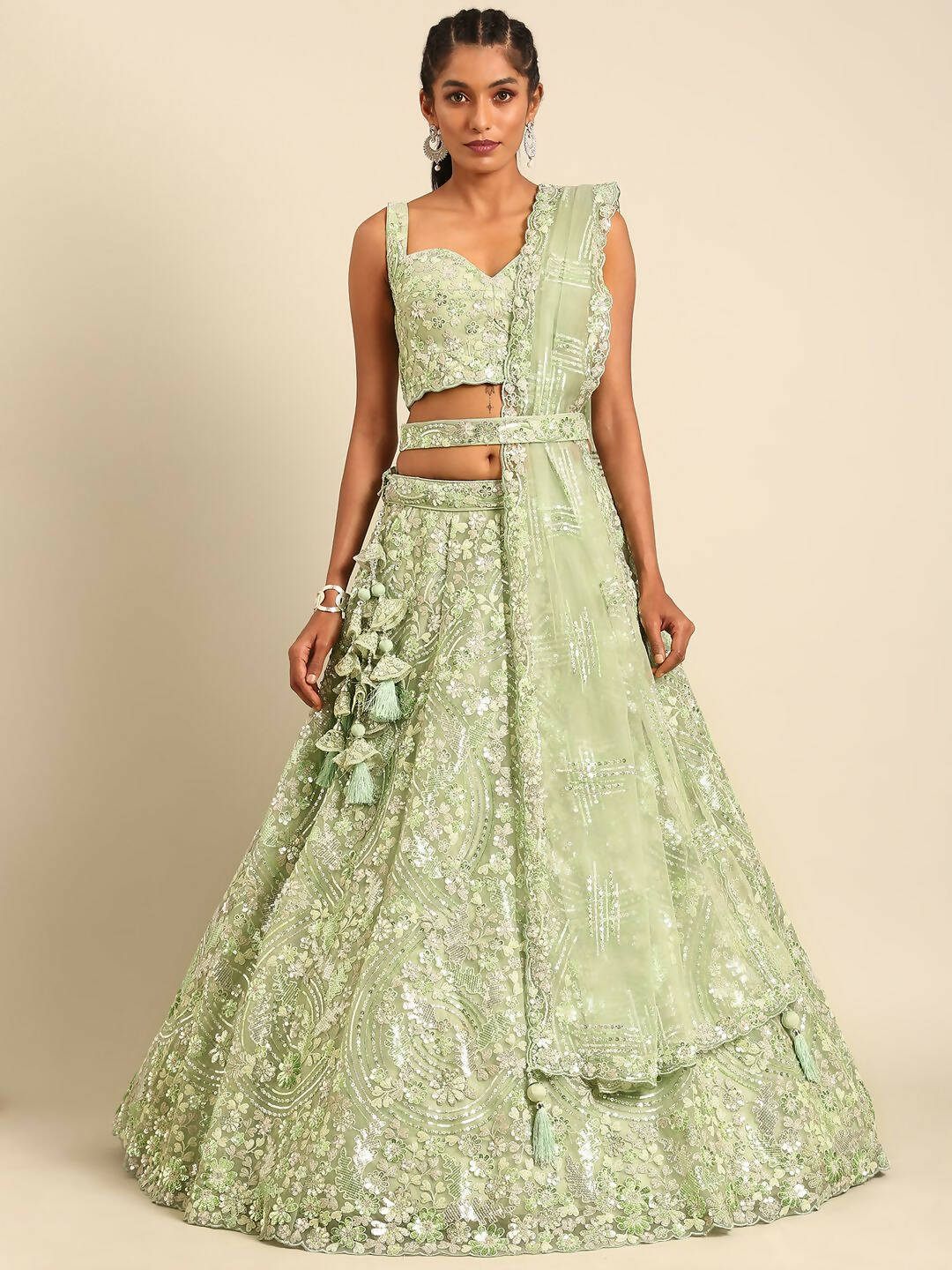 House of Panchhi Lime Green Net Sequins and Zarkan embroidery Lehenga choli & Dupatta