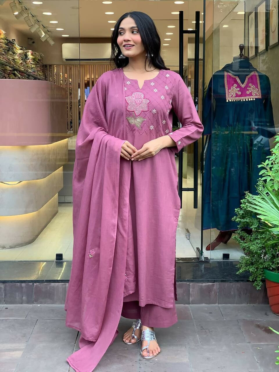 The52 Peach Women's Gorgeous Embroidered Cotton Fabric Straight Kurta Pant with Dupatta Set - Distacart