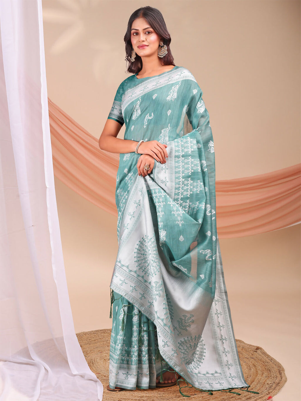 Shree Shyam Fashion Varnika Sea Green Linen Cotton Saree
