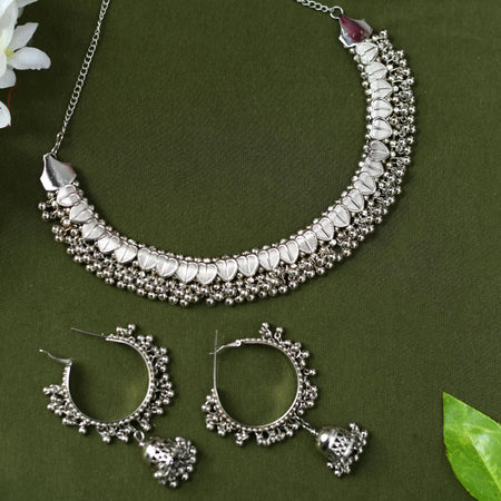 Mominos Fashion Johar Kamal Oxidised Silver-Plated Heart Design Necklace Choker Set For Women