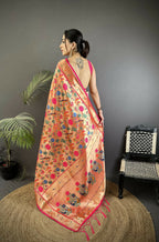 Joban Fashion Pastel Red Mughal-Inspired Motifs Soft Silk Paithani Saree - Distacart