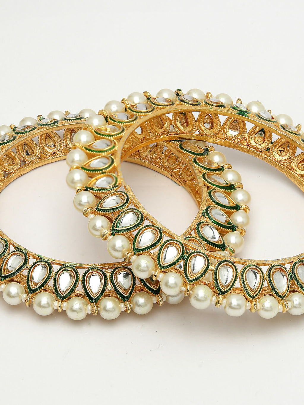 NVR Women's Set Of 2 Gold-Polished Kundan-Studded & Pearls-Beaded Bangles - Distacart