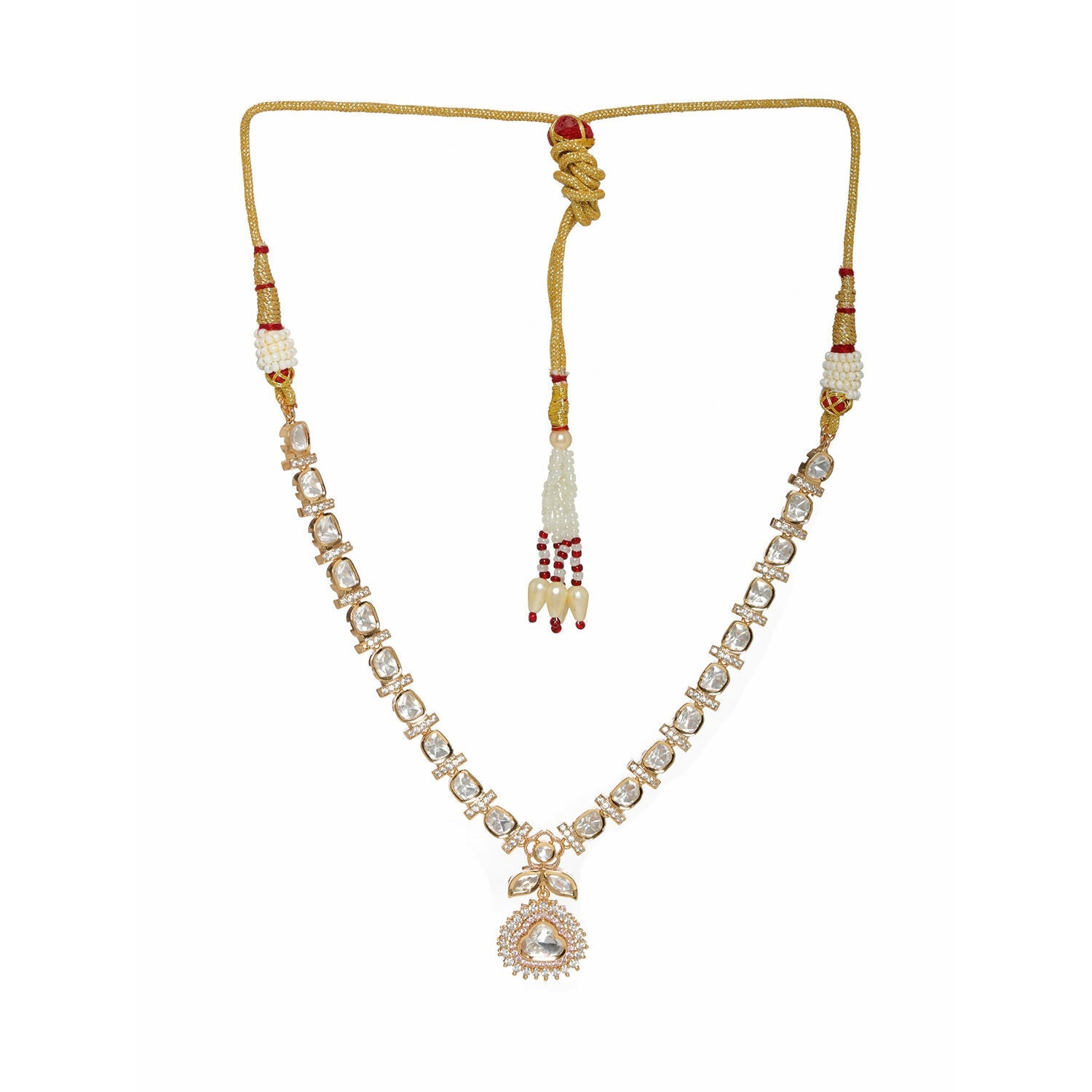 Gold and American Diamond Neckpiece with Pink Stone Center Piece (Gold) - Ruby Raang