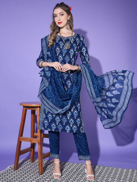 Vamika Poly Rayon Printed Royal Blue Party Wear/Casual Wear/Office Wear Kurta Set/Suit