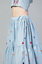 Sky Blue Cotton Embroidered Work Lehenga Choli with Dupatta - Jivika