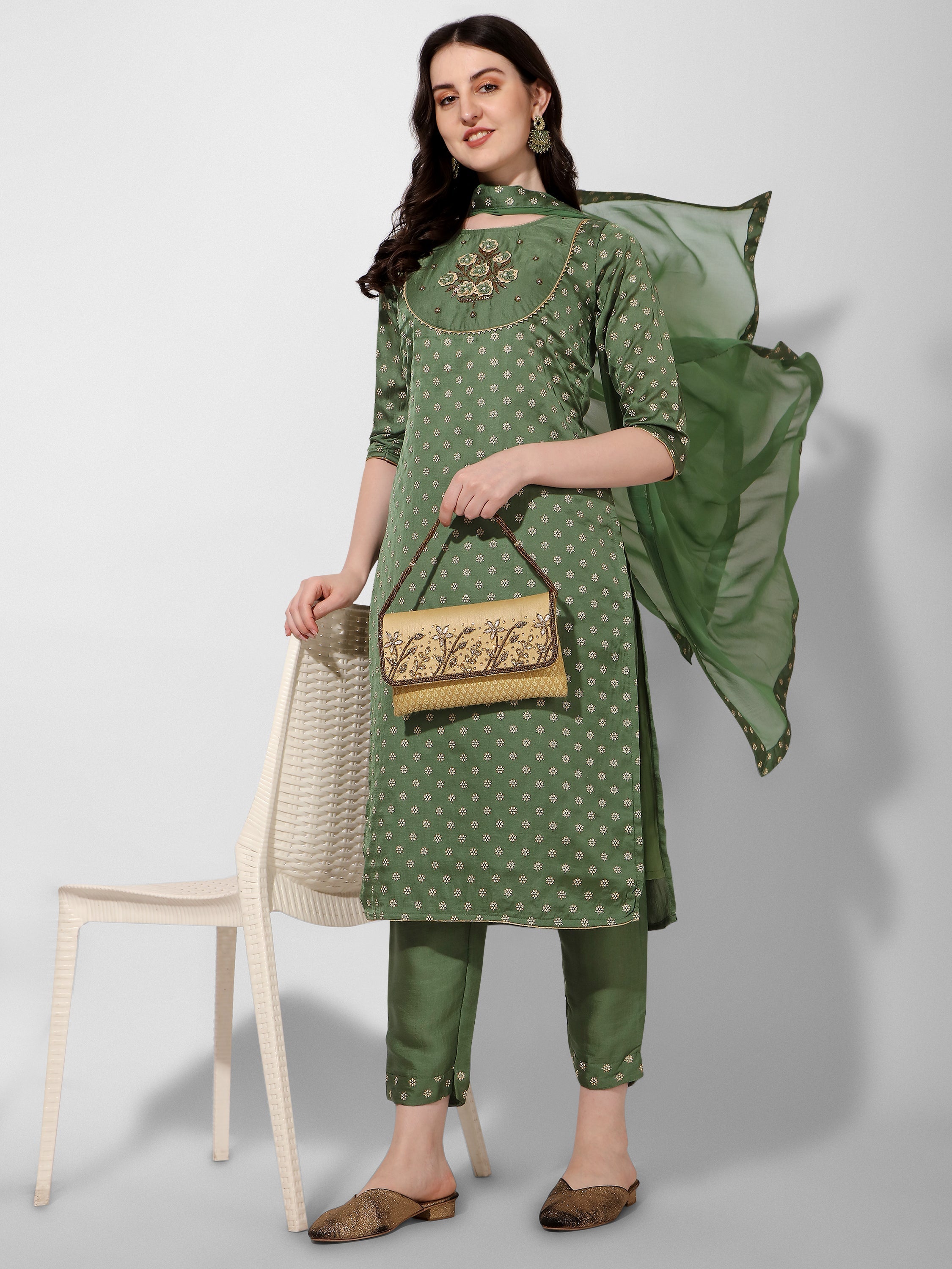 Embroidered Silk Kurta With Pant And Dupatta Set, Multicolor - Hiral Fashion - Distacart