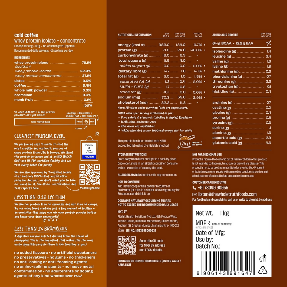 The Whole Truth Whey Protein Isolate+Concentrate - Cold Coffee - Distacart