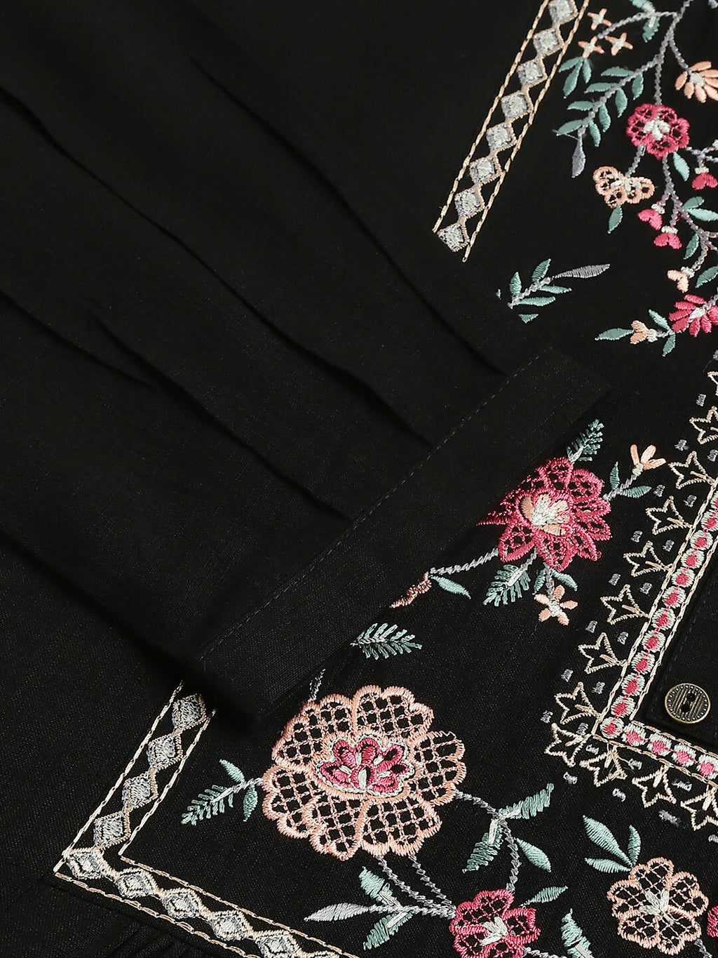 Black Rayon Yoke Embroidered A-line Top - Tarini
