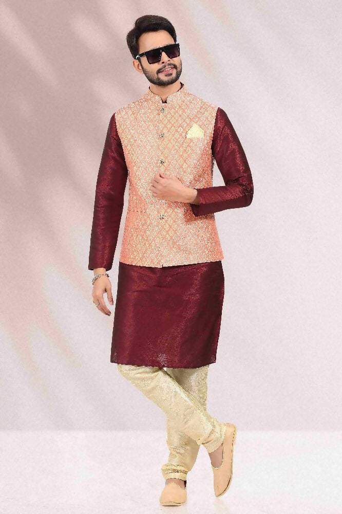 Raivat Ethnic Jacquard Banarasi Silk Woven Work 3 Pics Jacket Set In Peach Colour - Distacart