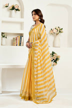 Vastranavya Yellow White Digital Printed Linen Ready To Wear Designer Saree with Unstitched Blouse - Distacart