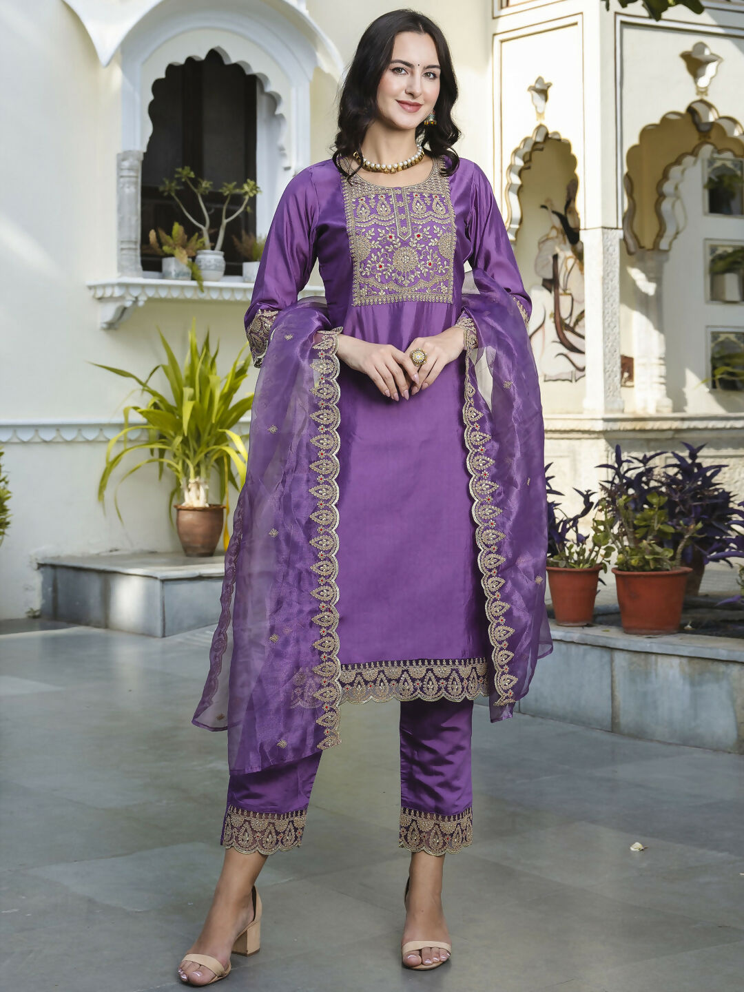 Vellora Royal Purple Silk Blend Embroidered Casual Suit for Women