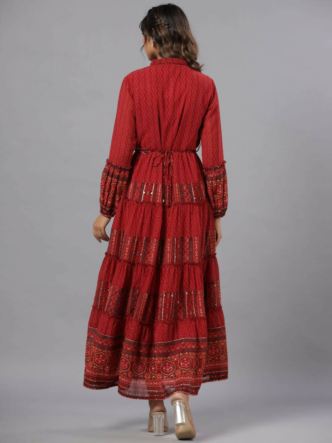 Juniper Women Rust Georgette Printed Tiered Maxi Dress - Distacart