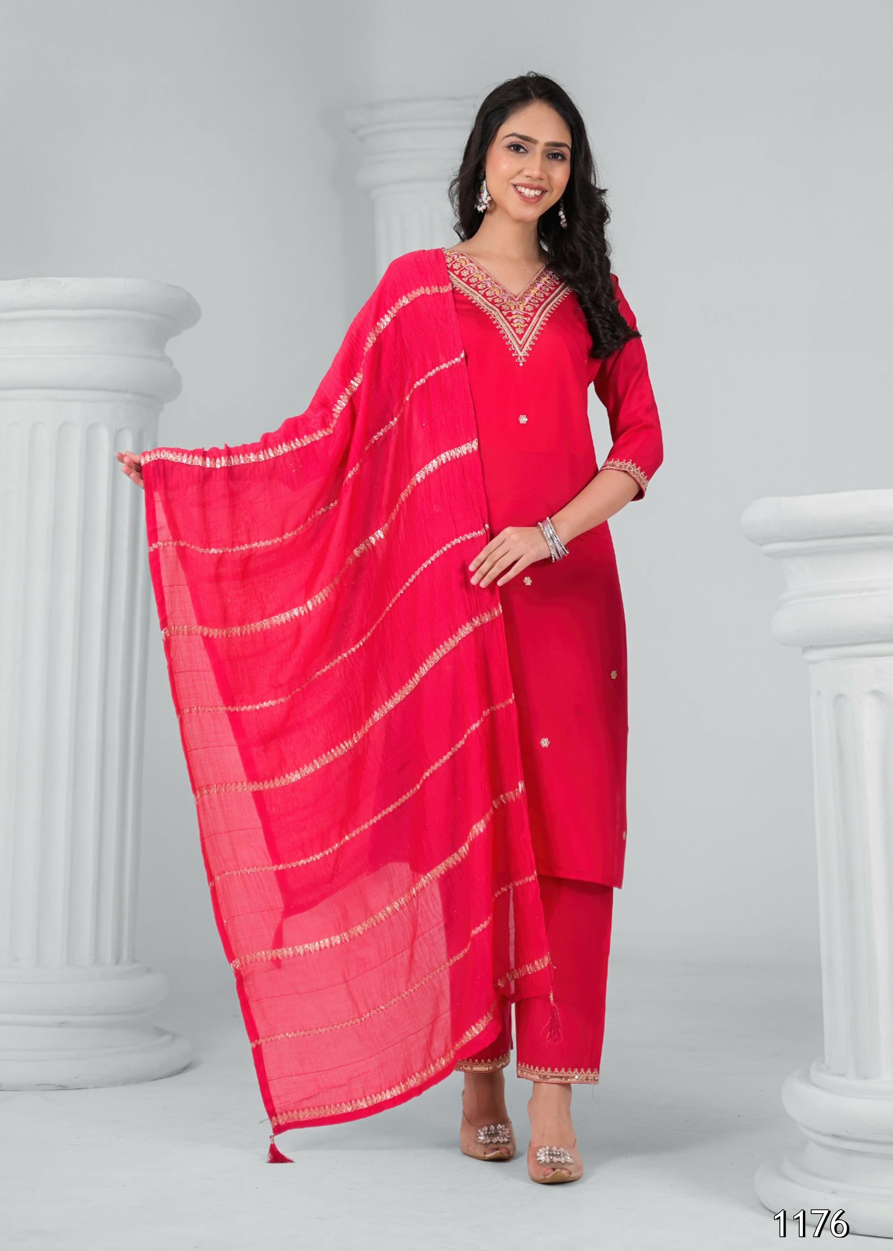 Ethnic Festive Wear Reyon Red Stitched Suit With Dupatta - Tanisha