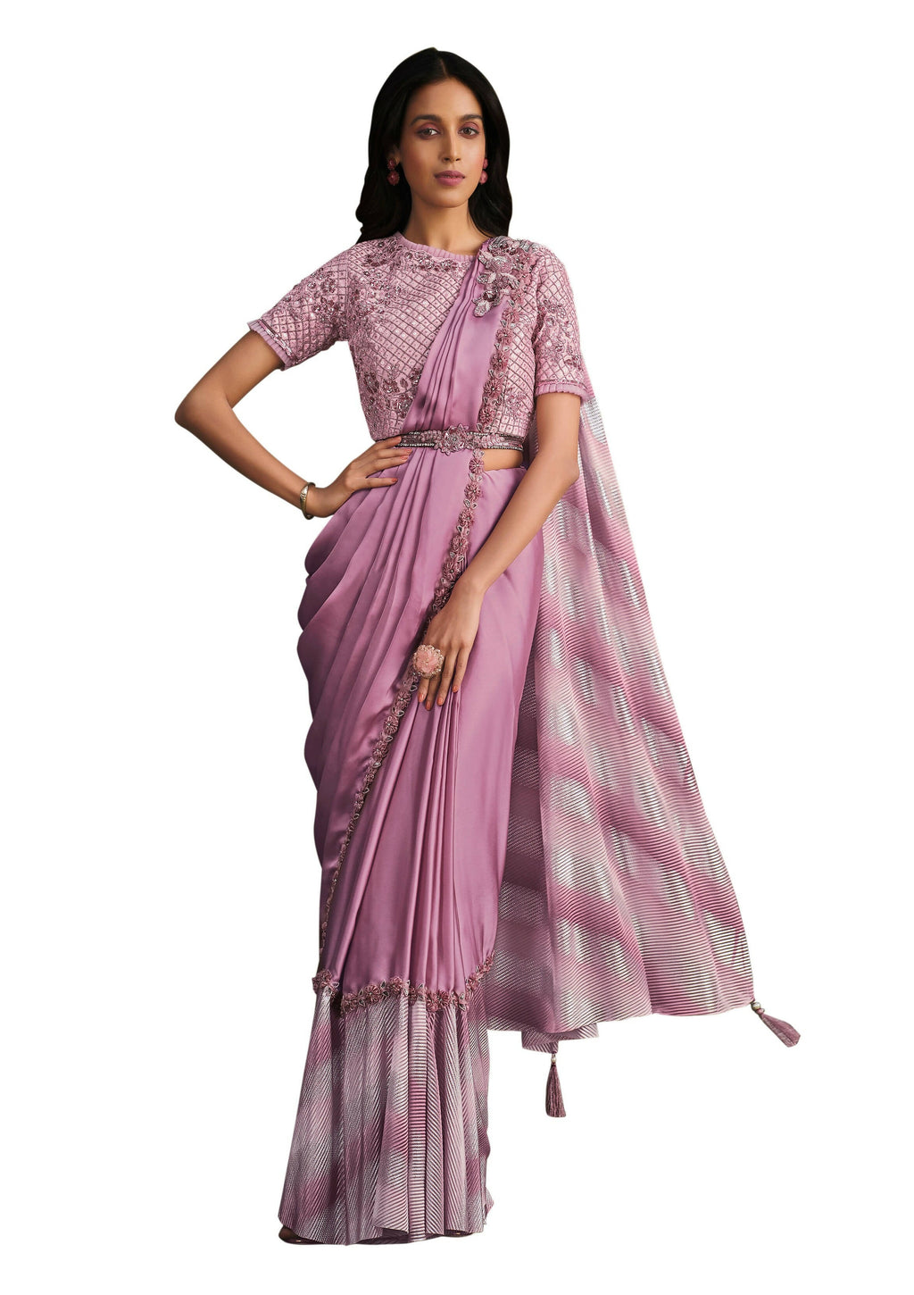 Light Purple Satin Silk Sequence Embroidered Saree With Stitched Blouse - Mohmanthan La Belle