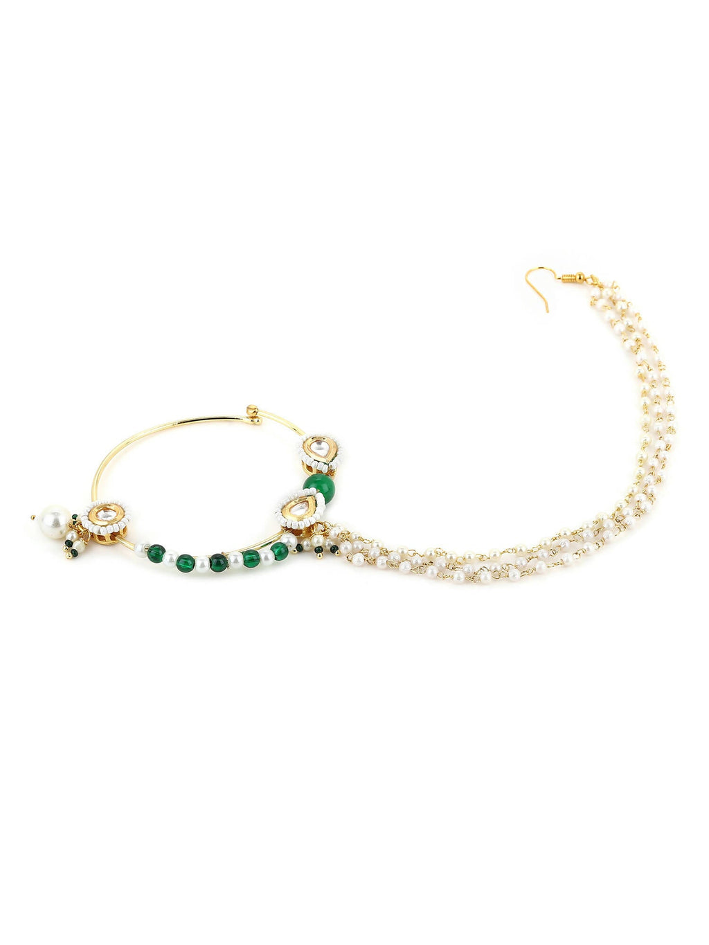 Gold-Plated White Green Kundan-Studded Pearl Beaded Nosepin - Ruby Raang - Distacart