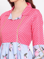 Myshka Women's Multi Printed Cotton Blend 3/4 Sleeve Shirt Coller Casual Dress