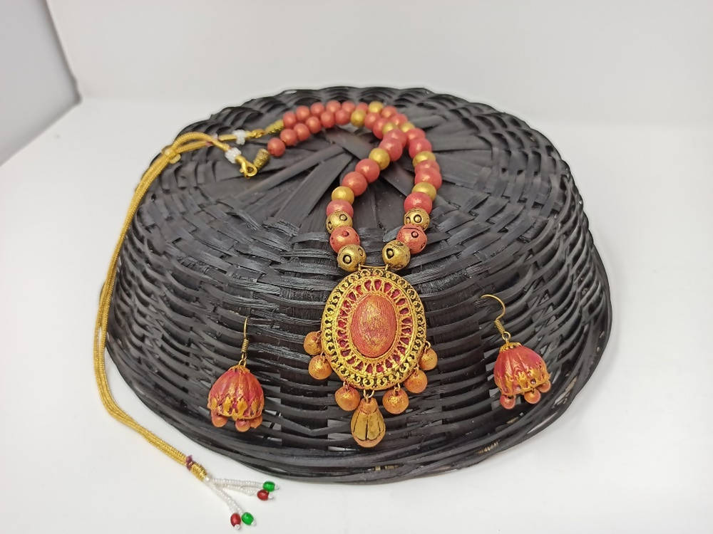 Terracotta Medium Necklace Set With Hangings-Golden Pink