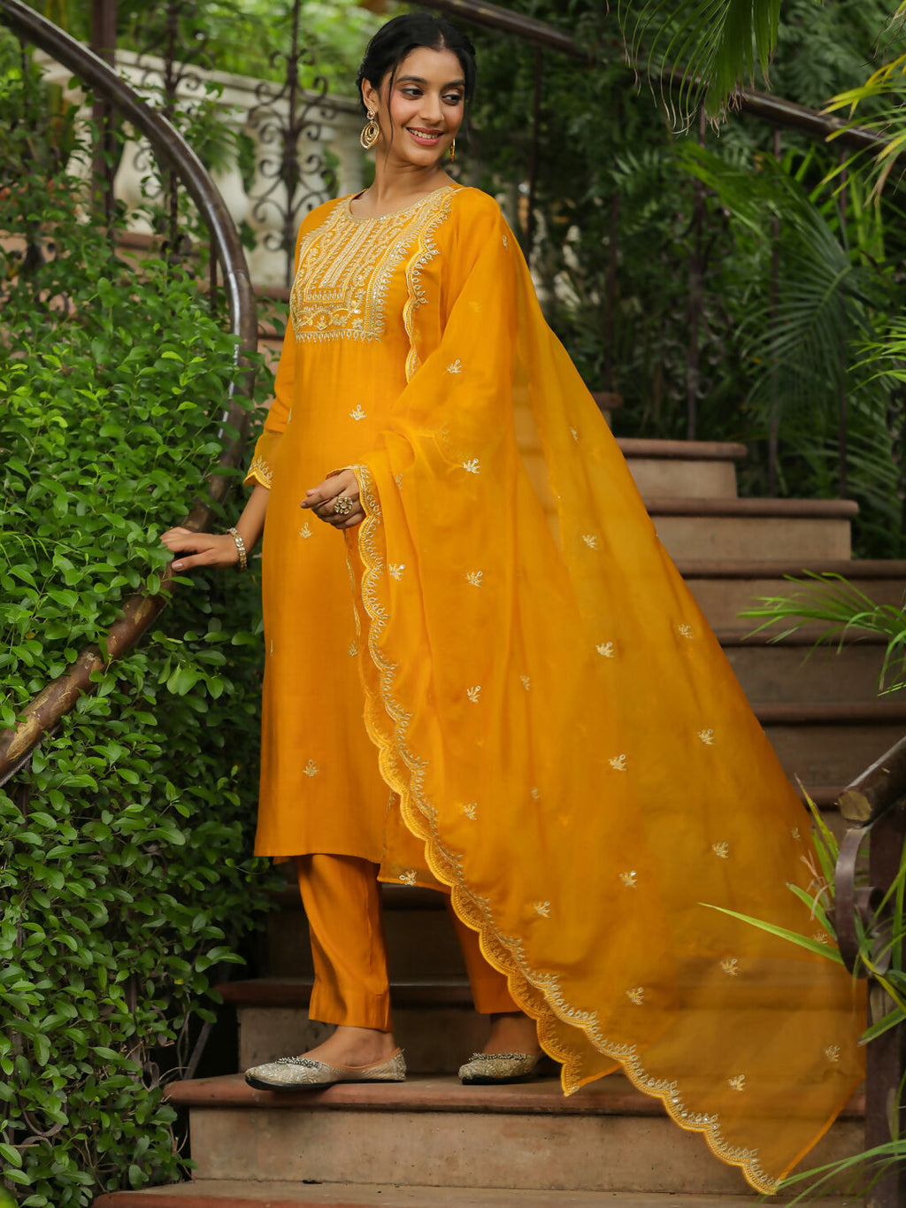 Janasya Mustard Silk Blend Embroidered Kurta,Bottom & Dupatta