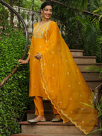 Janasya Mustard Silk Blend Embroidered Kurta,Bottom & Dupatta