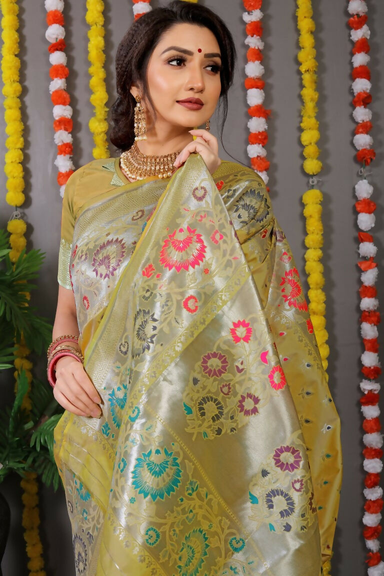 Jyoti Fashion Women's Mehndi Banarasi Silk Zari Woven Saree with Blouse