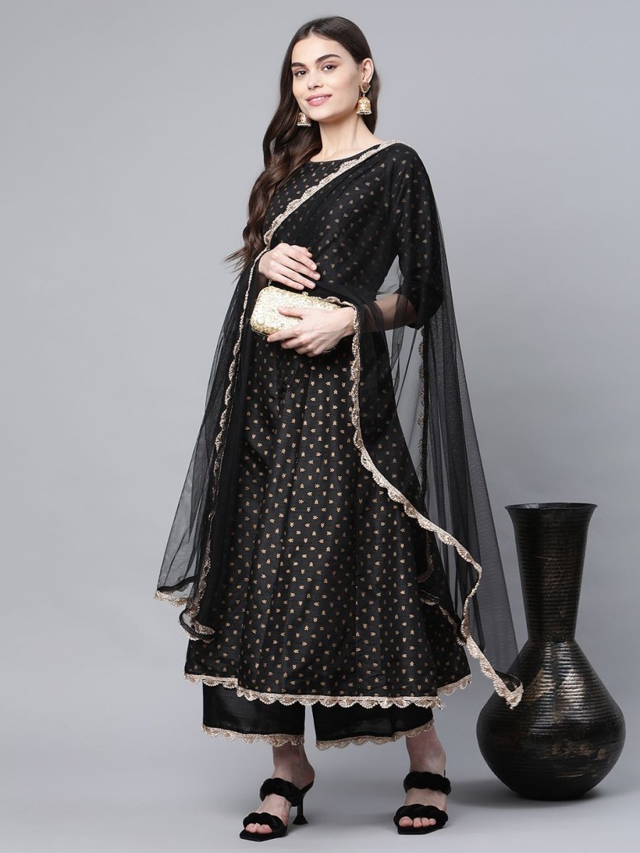 Ahalyaa Women Black Poly Silk Gold Printed Anarkali Kurta Palazzo Set With Dupatta - Distacart