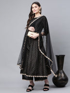Ahalyaa Women Black Poly Silk Gold Printed Anarkali Kurta Palazzo Set With Dupatta - Distacart