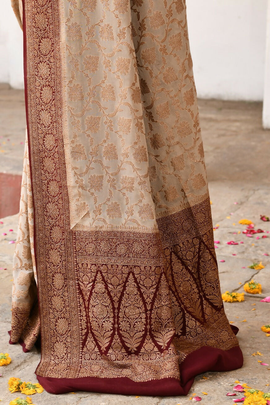 Joban Fashion Crème Crepe Chiffon Pure Handloom Banarasi Silk Saree