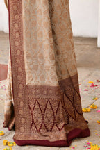 Joban Fashion Crème Crepe Chiffon Pure Handloom Banarasi Silk Saree