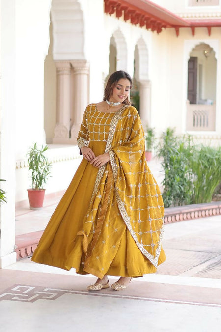 Joban Fashion Yellow Kurta Set Silk Sequins , Zari, Coding & Thread Embroidered work