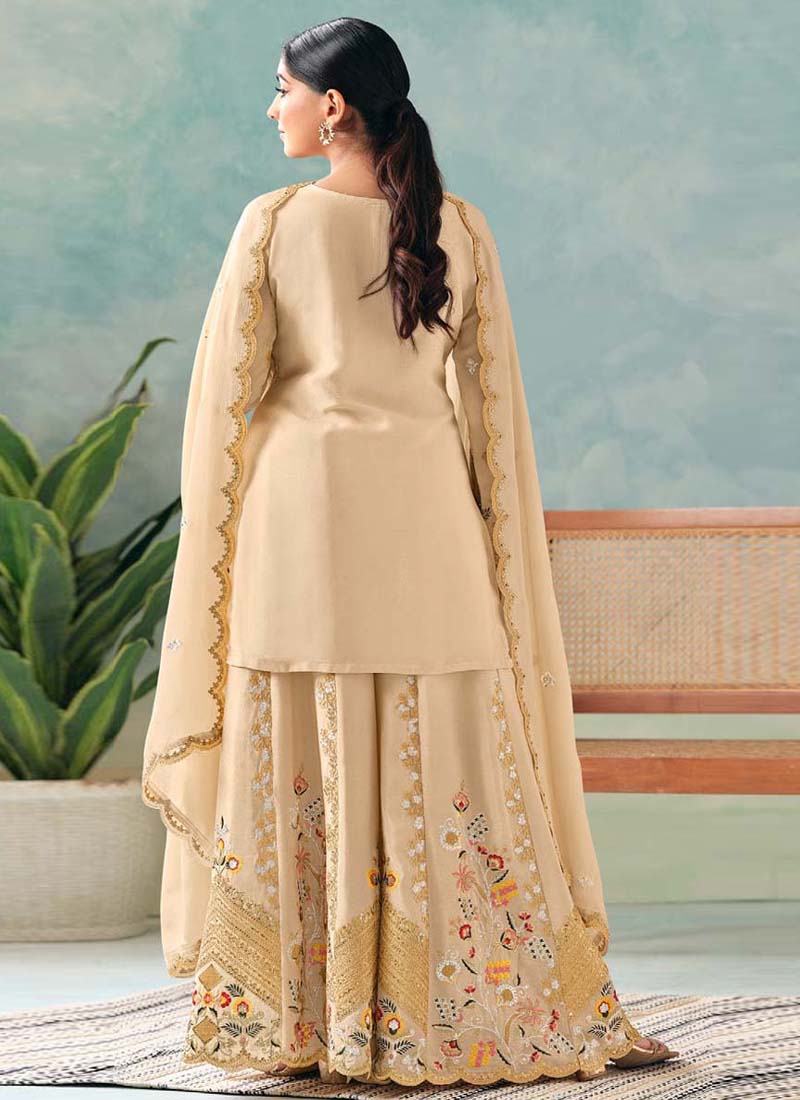 Vegaa Fashion Cream Premium Chinon Embroidered Palazzo Suit