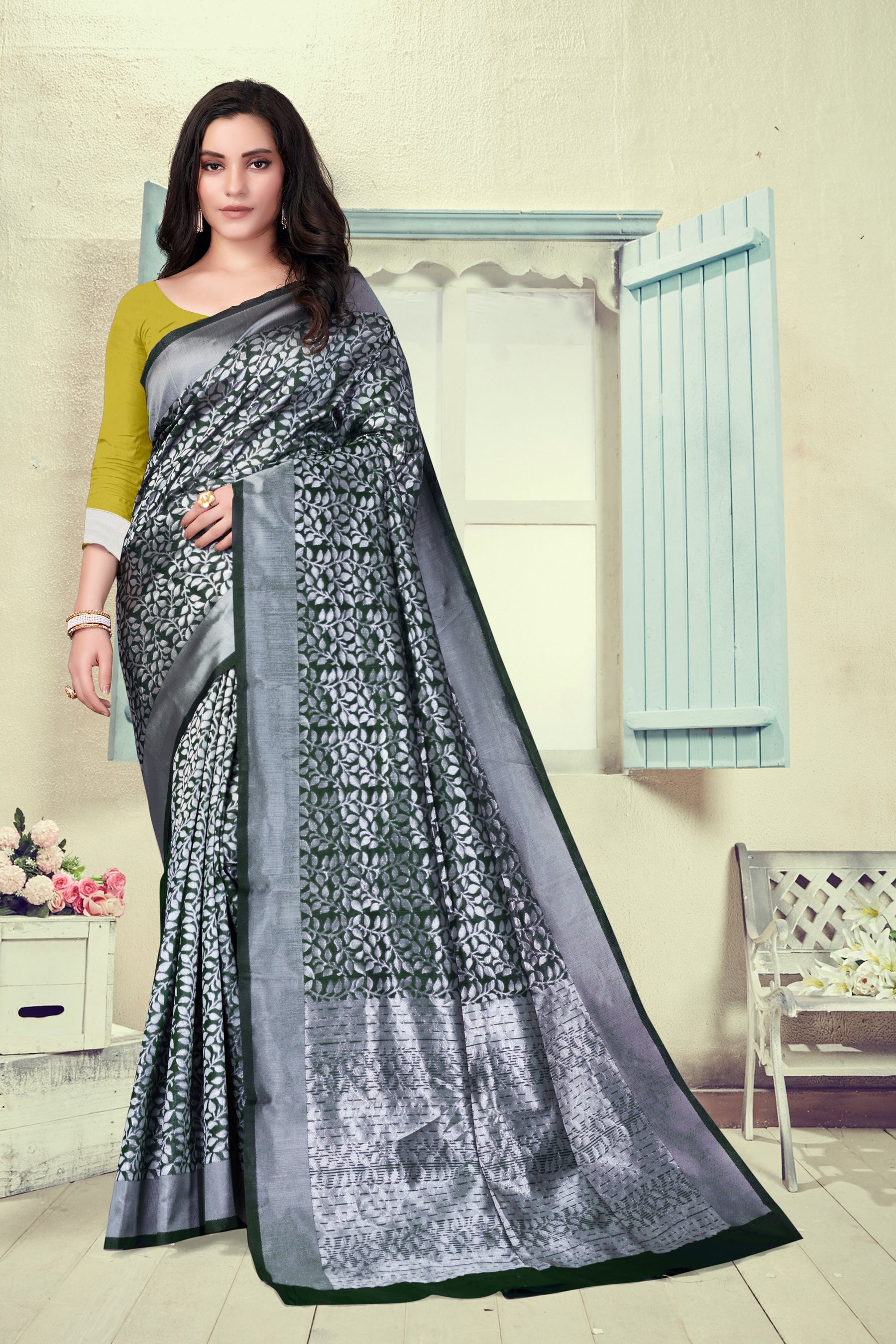 Vedant Vastram Litchi Silk Designer Banarasi Saree - Bottle Green