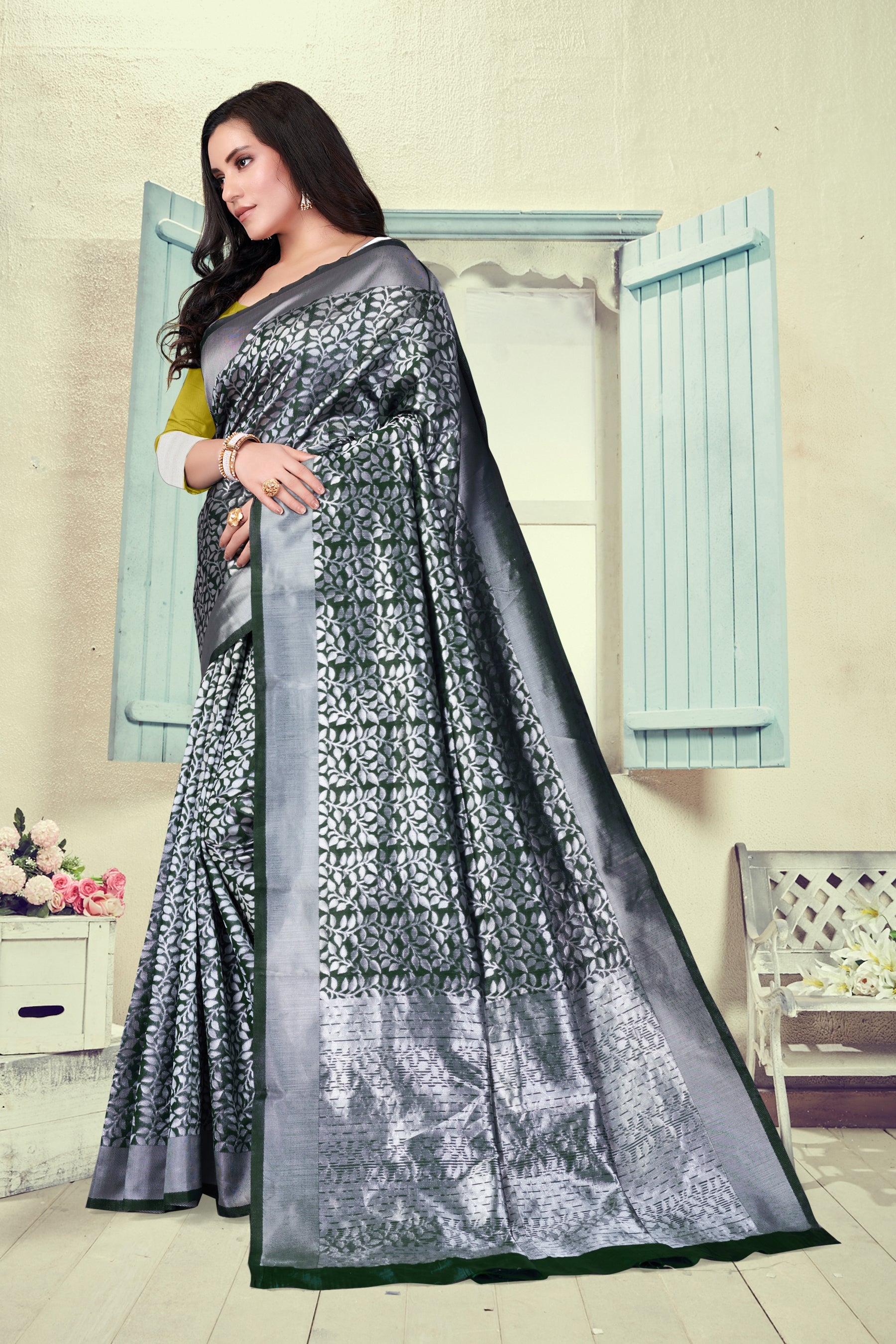 Vedant Vastram Litchi Silk Designer Banarasi Saree - Bottle Green