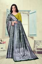Vedant Vastram Litchi Silk Designer Banarasi Saree - Bottle Green