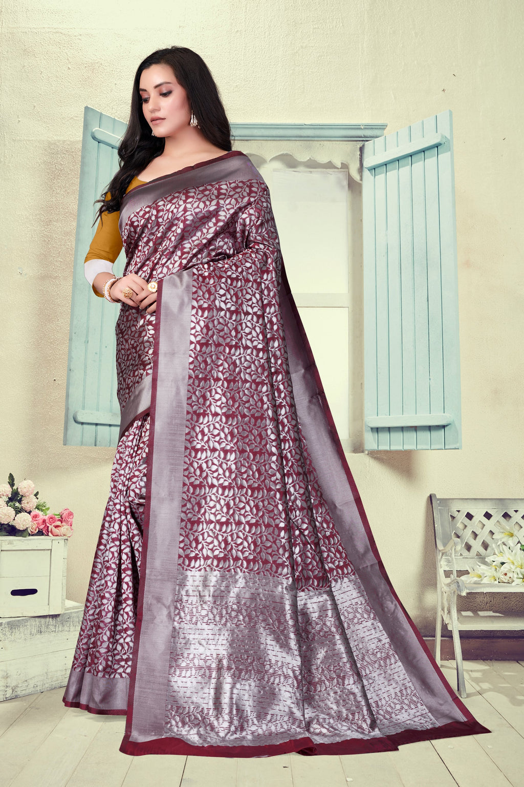 Vedant Vastram Litchi Silk Designer Banarasi Saree - Maroon